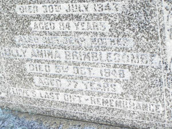 William Stephen BRIMBLECOMBE, husband father,  | died 30 July 1943 aged 84 years;  | Lilly Amina BRIMBLECOMBE, mother,  | died 5 Oct 1948 aged 77 years;  | Forest Hill Cemetery, Laidley Shire  |   | 