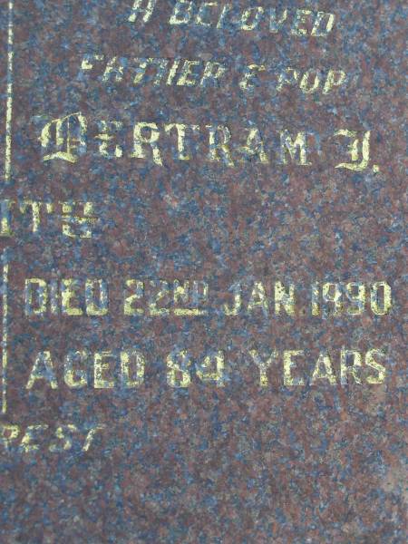 Florence A.M. SMITH, wife mother,  | died 21 Feb 1955 aged 53 years;  | Bertram J. SMITH, father pop,  | died 22 Jan 1990 aged 84 years;  | Gheerulla cemetery, Maroochy Shire  | 