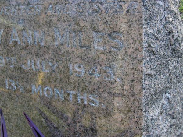 Shirley Ann MILES, daughter sister,  | died 29 July 1943 aged 13 1/2 months;  | Gheerulla cemetery, Maroochy Shire  | 