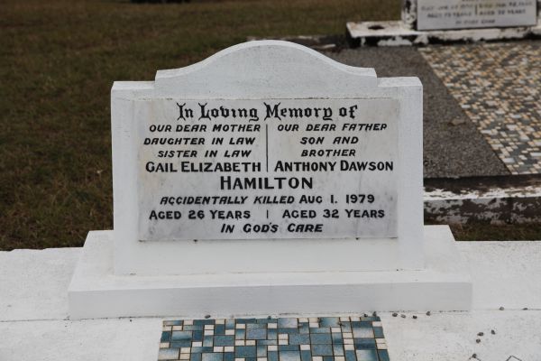 Gail Elizabeth HAMILTON  | d: 1 Aug 1979 aged 26  | Burial ID (left/south) 3846A  | Plot location (left/south) Position 58 Row 7 Section D  |   | Anthony Dawson HAMILTON  | d: 1 Aug 1979 aged 32  | Burial ID (right/north) 3845A  | Plot location (right/north) Position 57 Row 7 Section D  |   |   | Gladstone Cemetery  | Copyright 2021 Hoylen Sue  |   | 