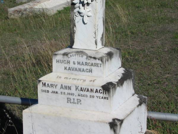Mary KAVANAGH died 25 Jan 1910 aged 29 years, erected by Hugh & Margaret KAVANAGH;  | Glamorgan Vale Cemetery, Esk Shire  | 