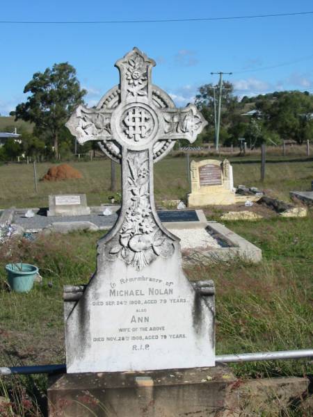 Michael NOLAN, died 24 Sept 1908 aged 79 years;  | Ann, died 28 Nov 1908 aged 79 years, wife;  | Glamorgan Vale Cemetery, Esk Shire  | 
