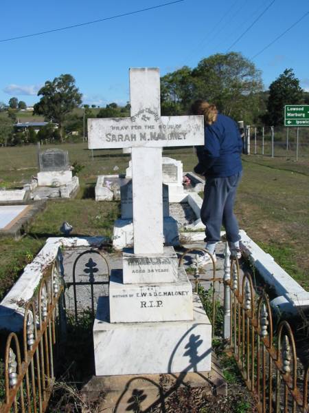 Sarah M. MALONEY, died 25 Mary 1906 aged 34 years, mother of E.W. & D.G. MALONEY;  | Glamorgan Vale Cemetery, Esk Shire  | 