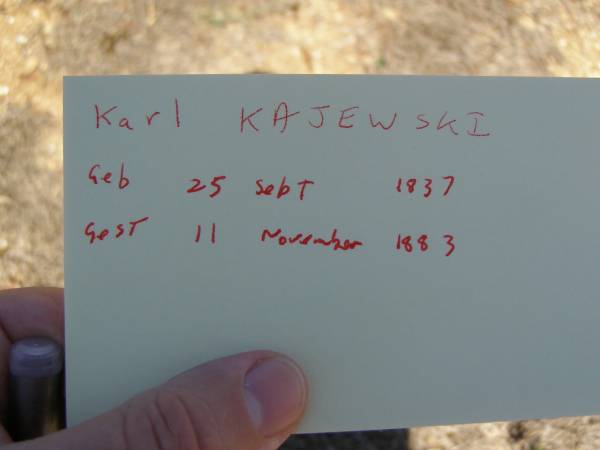 Karl KAJEWSKI,  | born 25 Sept 1837,  | died 11 Nov 1883;  | Glencoe Bethlehem Lutheran cemetery, Rosalie Shire  | 