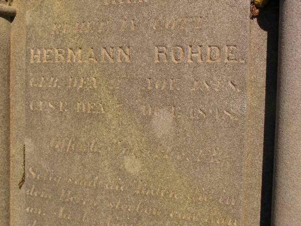 Hermann ROHDE,  | born 11 Nov 1818,  | died 7 Oct 1898;  | Glencoe Bethlehem Lutheran cemetery, Rosalie Shire  | 