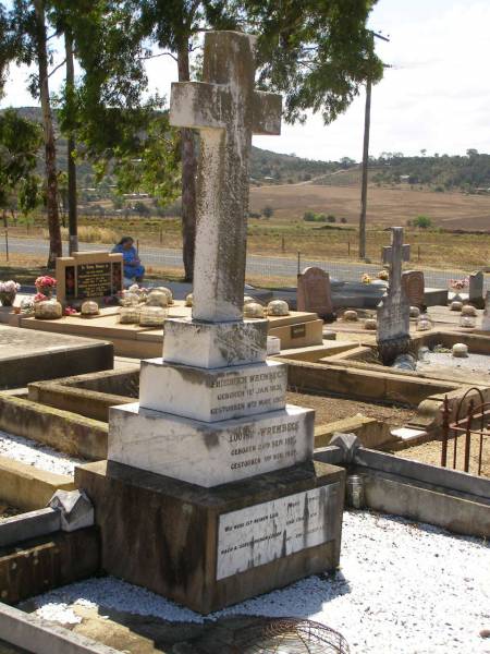 Friedrich WREMBECK,  | born 1 Jan 1851,  | died 6 May 1915;  | Louise WREMBECK,  | born 28 Sep 1851,  | died 3 Nov 1926,  | Glencoe Bethlehem Lutheran cemetery, Rosalie Shire  | 