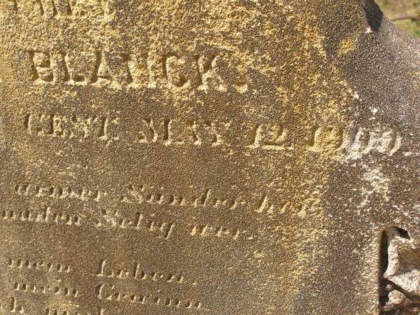 Carl A.L. BLANCK,  | born 20 Feb 1833?,  | died 12 May 1909?;  | Glencoe Bethlehem Lutheran cemetery, Rosalie Shire  | 