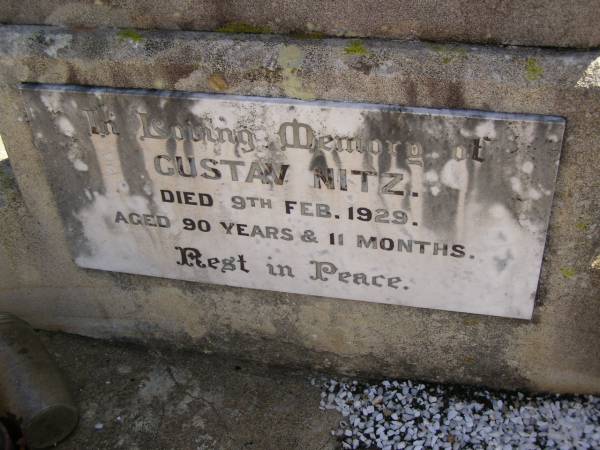 Gustav NITZ,  | died 9 Feb 1929 aged 90 years 11 months;  | Glencoe Bethlehem Lutheran cemetery, Rosalie Shire  | 