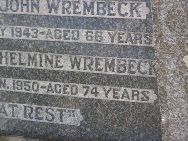 parents;  | Herman John WREMBECK,  | died 13 July 1943 aged 66 years;  | Annah Wilhelmine WREMBECK,  | died 25 Jan 1950 aged 74 years;  | Glencoe Bethlehem Lutheran cemetery, Rosalie Shire  | 