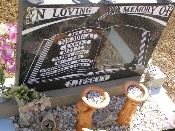 Nicholas James (Lipo) LIPSETT,  | son,  | died 18-12-1988 aged 22 years,  | remembered mum, dad & family;  | Glencoe Bethlehem Lutheran cemetery, Rosalie Shire  |   |   | 