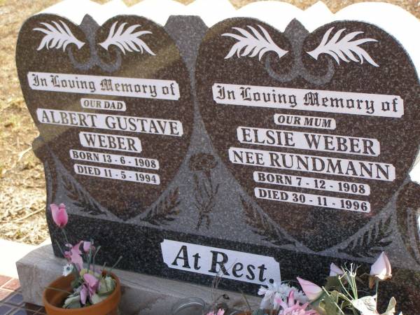 Albert Gustave WEBER,  | dad,  | born 13-6-1908,  | died 11-5-1994;  | Elsie WEBER (nee RUNDMANN),  | mum,  | born 7-12-1908,  | died 30-11-1996;  | Glencoe Bethlehem Lutheran cemetery, Rosalie Shire  | 