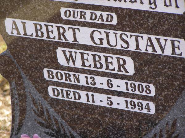 Albert Gustave WEBER,  | dad,  | born 13-6-1908,  | died 11-5-1994;  | Elsie WEBER (nee RUNDMANN),  | mum,  | born 7-12-1908,  | died 30-11-1996;  | Glencoe Bethlehem Lutheran cemetery, Rosalie Shire  | 
