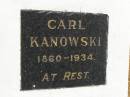 Carl KANOWSKI,
1860 - 1934;
Glencoe Bethlehem Lutheran cemetery, Rosalie Shire