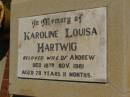Karoline Louisa HARTWIG,
wife of Andrew,
died 18 Nov 1981 aged 78 years 11 months;
Glencoe Bethlehem Lutheran cemetery, Rosalie Shire