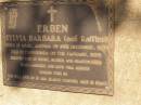 Sylvia Arbara ERBEN (nee RAFFLER),
born 18 Dec 1929 Graz Austria,
died 7 Jan 2006 Toowoomba,
wife of Henry,
mother grandmother;
Glencoe Lawn cemetery, Rosalie Shire,
adjacent to
Glencoe Bethlehem Lutheran cemetery, Rosalie Shire