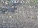 Thomas MOLONEY,
died 14 Dec 1967;
Eileen, wife,
died 7 Sept 1980;
Gleneagle Catholic cemetery, Beaudesert Shire