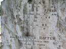 William, husband of Elizabeth RAFTER,
native of Kings County Ireland,
died 23 August 1909;
John, son, aged 13 years;
Elizabeth RAFTER,
died 24 March 1941 aged 91 years;
Gleneagle Catholic cemetery, Beaudesert Shire