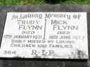 Trudy FLYNN,
died 17 Jan 1971;
Mick FLYNN,
died 15 June 1970;
missed by children;
Gleneagle Catholic cemetery, Beaudesert Shire