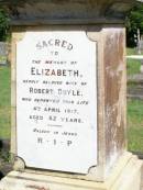 Ellen DOYLE,
died 10 Nov 1912 aged 69 years;
Mary, daughter of Ellen DOYLE,
wife of Edward TILLEY,
died 2 Dec 1912 aged 42 years;
Edward Patrick TILLEY,
died 6 May 1942 aged 75 years;
Elizabeth, wife of Robert DOYLE,
died 4 April 1917 aged 42 years;
Elizabeth TILLEY,
died 28 May 1954 aged 81 years;
Gleneagle Catholic cemetery, Beaudesert Shire