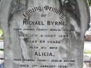Michael BYRNE,
born Swords County Dublin Ireland,
died 17 August 1894 aged 69 years;
Alicia, wife,
born Swords County Dublin Ireland
died 3 Jan 1896 aged 50 years;
Gleneagle Catholic cemetery, Beaudesert Shire