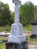 Elizabeth MORAN, wife mother,
native of Brisbane,
born 1 Jan 1853 died 14 Dec 1911;
Martin Vincent, son,
died 17 June 1989 aged 2 years;
John MORAN, father,
native of County Roscommon Ireland,
born 20 June 1835 died 23 August 1915;
Gleneagle Catholic cemetery, Beaudesert Shire