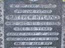 Matthew HYLAND, husband father,
died 12 Dec 1994 aged 56 years;
Bridget HYLAND, wife mother,
died 20 July 1960 aged 74 years;
Gleneagle Catholic cemetery, Beaudesert Shire