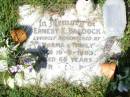 Ernest E. BALDOCK,
died 19-5-1983 aged 68 years;
remember by Norma & family;
Gleneagle Catholic cemetery, Beaudesert Shire