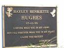 Hayley Henriette HUGHES,
died 27-12-99;
Gleneagle Catholic cemetery, Beaudesert Shire
