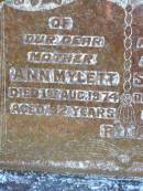 Ann MYLETT, mother,
died 1 Aug 1974 aged 92 years;
Stephen MYLETT, husband father,
died 10 April 1953 aged 72 years;
Gleneagle Catholic cemetery, Beaudesert Shire