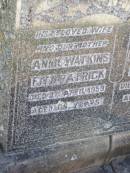 Annie Watkins FITZPATRICK, wife mother,
died 25? April 1959 aged 69? years;
Francis James FITZPATRICK, husband father,
died 25 March 1954 aged 69 years;
Gleneagle Catholic cemetery, Beaudesert Shire