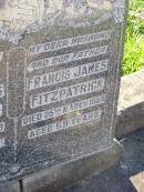 Annie Watkins FITZPATRICK, wife mother,
died 25? April 1959 aged 69? years;
Francis James FITZPATRICK, husband father,
died 25 March 1954 aged 69 years;
Gleneagle Catholic cemetery, Beaudesert Shire