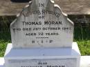 Thomas MORAN,
died 28 Oct 1947 aged 72 years;
Johanna MORAN,
died 6 June 1974 aged 91 years;
Gleneagle Catholic cemetery, Beaudesert Shire