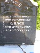 James FLYNN, husband father,
died 8 Sept 1967 aged 71 years;
Grace, wife mother,
died 4 Nov 1985 aged 90 years;
Gleneagle Catholic cemetery, Beaudesert Shire
