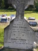 Dora OBRIEN,
died 15 Aug 1922 aged 62 years;
James OBRIEN, husband,
died 3 Feb 1929 aged 87 years;
Gleneagle Catholic cemetery, Beaudesert Shire