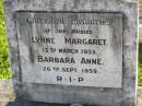 babies DREDGE;
Lynne Margaret, died 13 March 1953;
Barbara Anne, died 26 Sept 1959;
Gleneagle Catholic cemetery, Beaudesert Shire