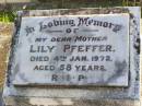 Lily PFEFFER, mother,
died 4 Jan 1972 aged 58 years;
Gleneagle Catholic cemetery, Beaudesert Shire