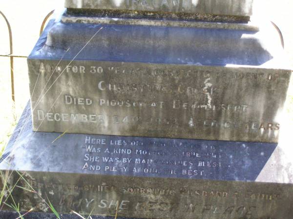 Elizabeth LAWLOR, wife mother,  | native of Queens County Ireland,  | 30 years resident of Christmas Creek,  | died Beaudesert 24 Dec 1902 aged 65 years;  | James LAWLOR,  | native of Brisbane,  | died Christmas Creek 10 May 1904 aged 32 years;  | Gleneagle Catholic cemetery, Beaudesert Shire  |   | 