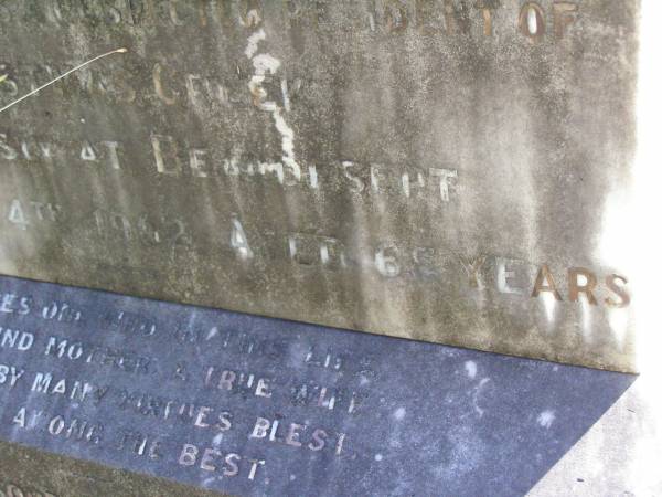 Elizabeth LAWLOR, wife mother,  | native of Queens County Ireland,  | 30 years resident of Christmas Creek,  | died Beaudesert 24 Dec 1902 aged 65 years;  | James LAWLOR,  | native of Brisbane,  | died Christmas Creek 10 May 1904 aged 32 years;  | Gleneagle Catholic cemetery, Beaudesert Shire  |   | 