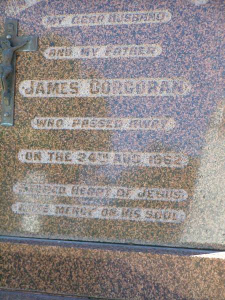 James CORCORAN,  | husband father,  | died 24 Aug 1962;  | Gleneagle Catholic cemetery, Beaudesert Shire  | 