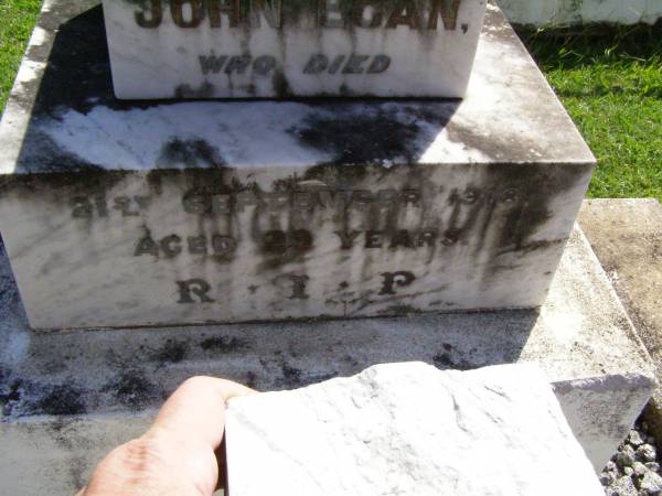 John EGAN,  | died 21 Sept 1918 aged 29 years;  | Gleneagle Catholic cemetery, Beaudesert Shire  | 