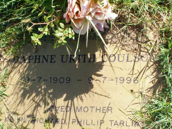 Daphne Urith COULSON,  | 9-7-1909 - 9-7-1996,  | mother of Kevin, Richard,Phillip, Tarlin??;  | Gleneagle Catholic cemetery, Beaudesert Shire  | 