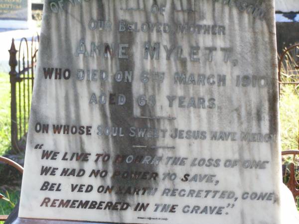 Anne MYLETT, mother,  | died 6 March 1910 aged 65 years;  | Gleneagle Catholic cemetery, Beaudesert Shire  | 