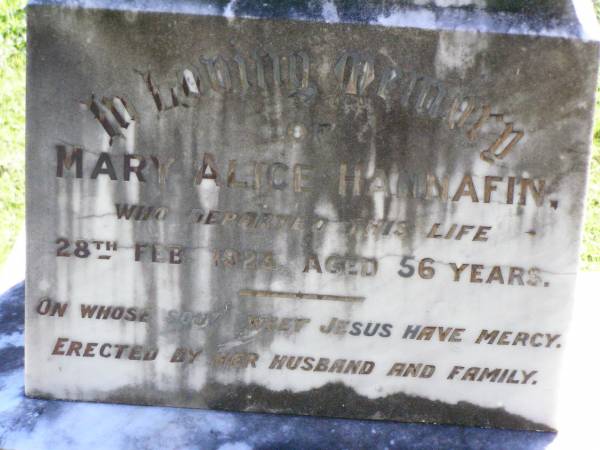 Mary Alice HANNAFIN,  | died 28 Feb 1923 aged 56 years,  | erected by husband & family;  | Michael HANNAFIN, father,  | died 7 July 1950 aged 87 years,  | remembered Kathleen;  | Gleneagle Catholic cemetery, Beaudesert Shire  | 
