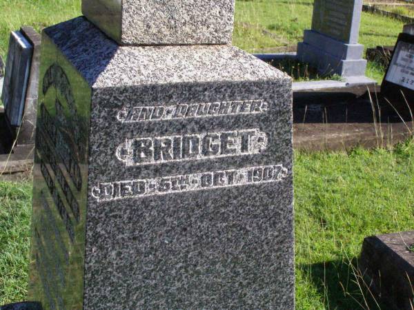 Denis BROLAN,  | died 7 Feb 1942 aged 79 years;  | Bridget, wife,  | died 6 May 1946 aged 90 years;  | Bridget, daughter,  | died 5 Oct 1907;  | William, son,  | died 29 June 1908;  | Gleneagle Catholic cemetery, Beaudesert Shire  | 