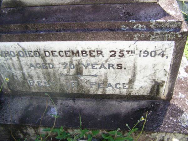 Mary MCCABE,  | died 25 Dec 1904 aged 70 years;  | Gleneagle Catholic cemetery, Beaudesert Shire  | 