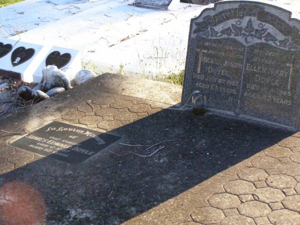 Michael Joseph DOYLE, husband father,  | died 8 July 1967 aged 63 years;  | Ellen Mary DOYLE, mother,  | died 18-8-1983 aged 82 years;  | James Edward DOYLE, cousin,  | died 6-5-87 aged 52 years;  | Gleneagle Catholic cemetery, Beaudesert Shire  | 