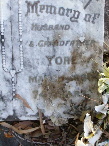 John Michael YORE,  | husband father grandfather,  | died 29 March 1980 aged 74 years;  | Gleneagle Catholic cemetery, Beaudesert Shire  | 