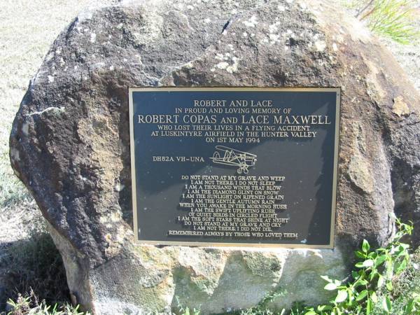 Robert COPAS  | Lace MAXWELL  | 1 May 1994 (at Luskintyre airfield in the Hunter Valley)  | God's Acre cemetery, Archerfield, Brisbane  | 