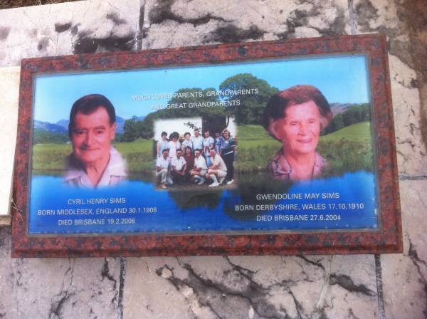 Cyril Henry SIMS  | b: Middlesex, England 30-Jan-1908  | d: Brisbane 19-Feb-2006  |   | Gwendoline May SIMS  | b: Derbyshire, Wales, 17-Oct-1910  | d: Brisbane 27-Jun-2004  |   | God's Acre cemetery, Archerfield, Brisbane  |   | 