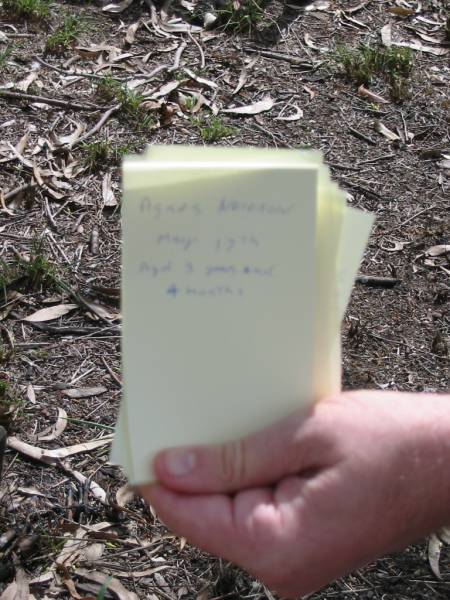 Agnes NEILSON  | May 17th  | aged 3? years and 4 months  |   | Goodna General Cemetery, Ipswich.  |   | 